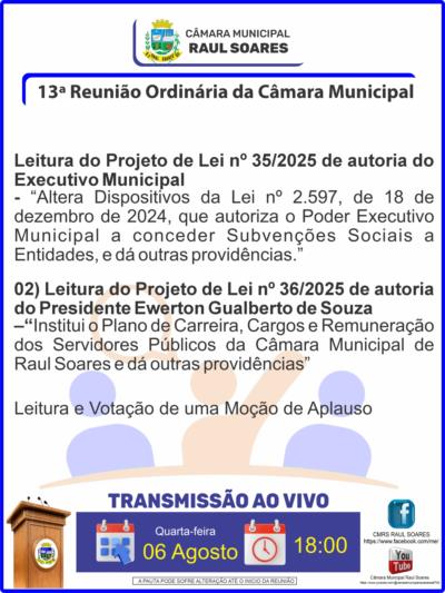 13ª Reunião Ordinária da Câmara Municipal de Raul Soares