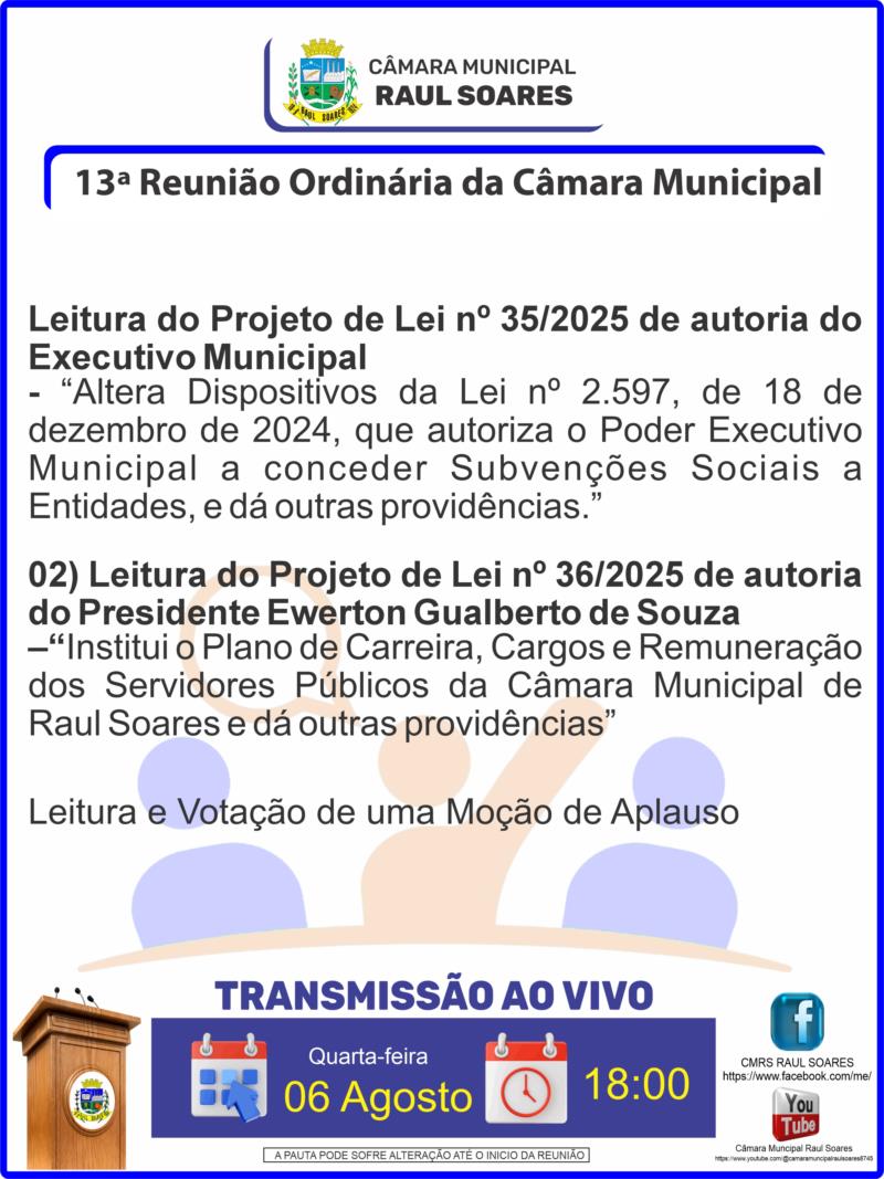 13ª Reunião Ordinária da Câmara Municipal de Raul Soares