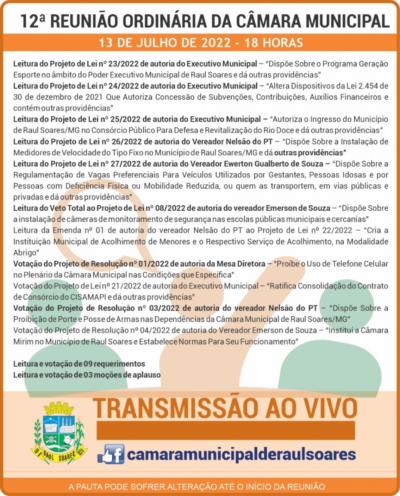 Pauta da 12ª Reunião Ordinária da Câmara Municipal de Raul Soares