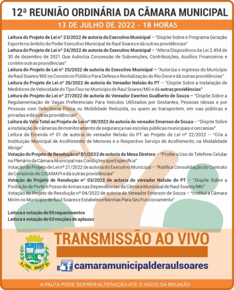 Pauta da 12ª Reunião Ordinária da Câmara Municipal de Raul Soares