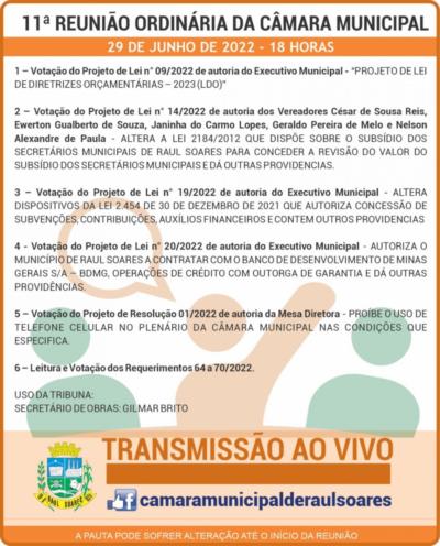 Pauta da 11ª Reunião Ordinária da Câmara Municipal de Raul Soares