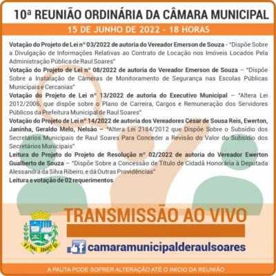 Pauta da 10ª Reunião Ordinária da Câmara Municipal de Raul Soares