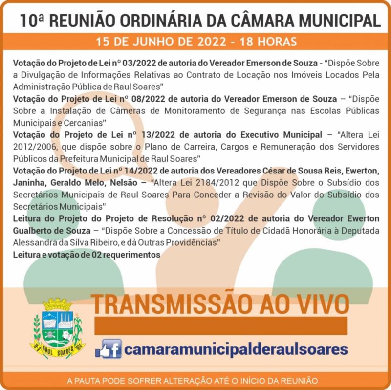 Pauta da 10ª Reunião Ordinária da Câmara Municipal de Raul Soares