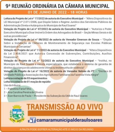 Pauta da 9ª Reunião Ordinária da Câmara Municipal de Raul Soares