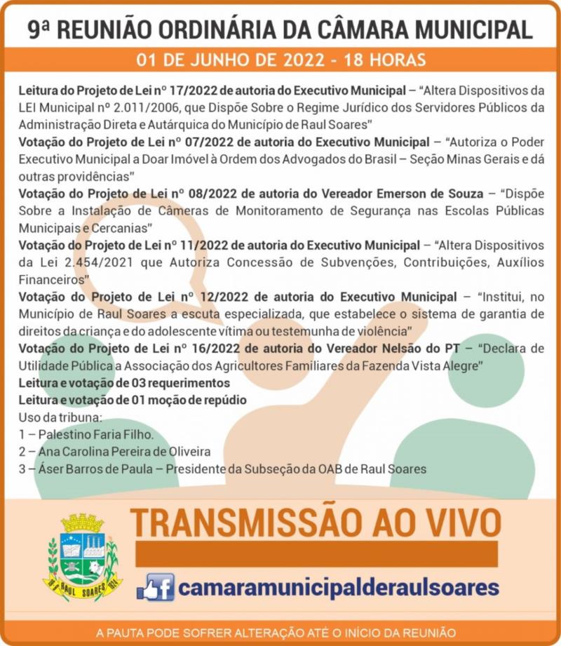 Pauta da 9ª Reunião Ordinária da Câmara Municipal de Raul Soares