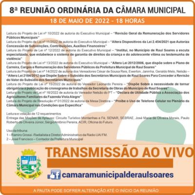 Pauta da 8ª Reunião Ordinária da Câmara Municipal de Raul Soares