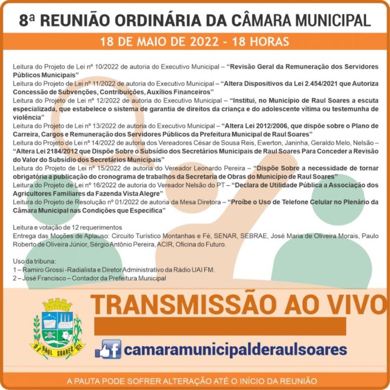 Pauta da 8ª Reunião Ordinária da Câmara Municipal de Raul Soares