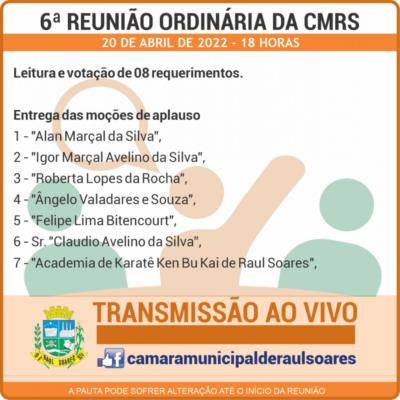 Pauta da 6ª Reunião Ordinária da Câmara Municipal de Raul Soares