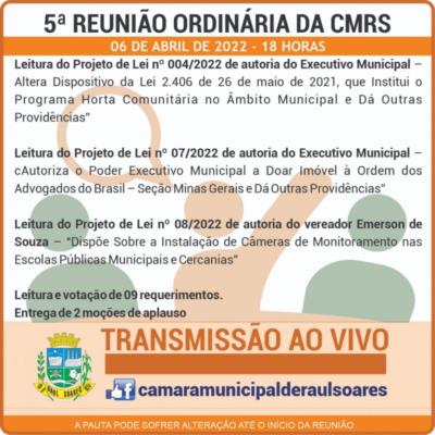 Pauta da 5ª Reunião Ordinária da Câmara Municipal de Raul Soares