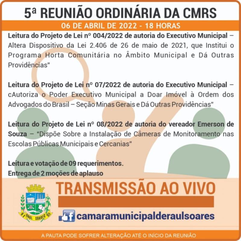 Pauta da 5ª Reunião Ordinária da Câmara Municipal de Raul Soares