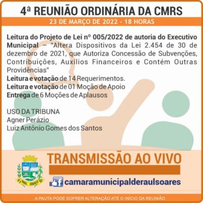 Pauta da 4ª Reunião Ordinária da Câmara Municipal de Raul Soares