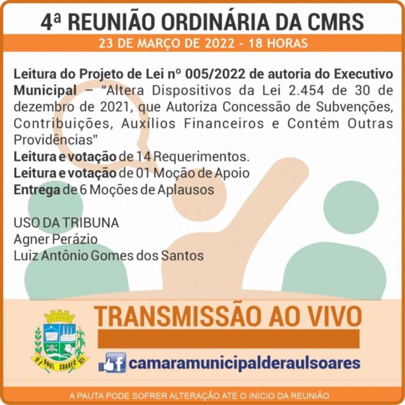 Pauta da 4ª Reunião Ordinária da Câmara Municipal de Raul Soares