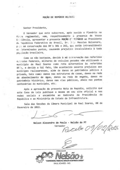 Moção de Repúdio - Vereador Nelsão do PT