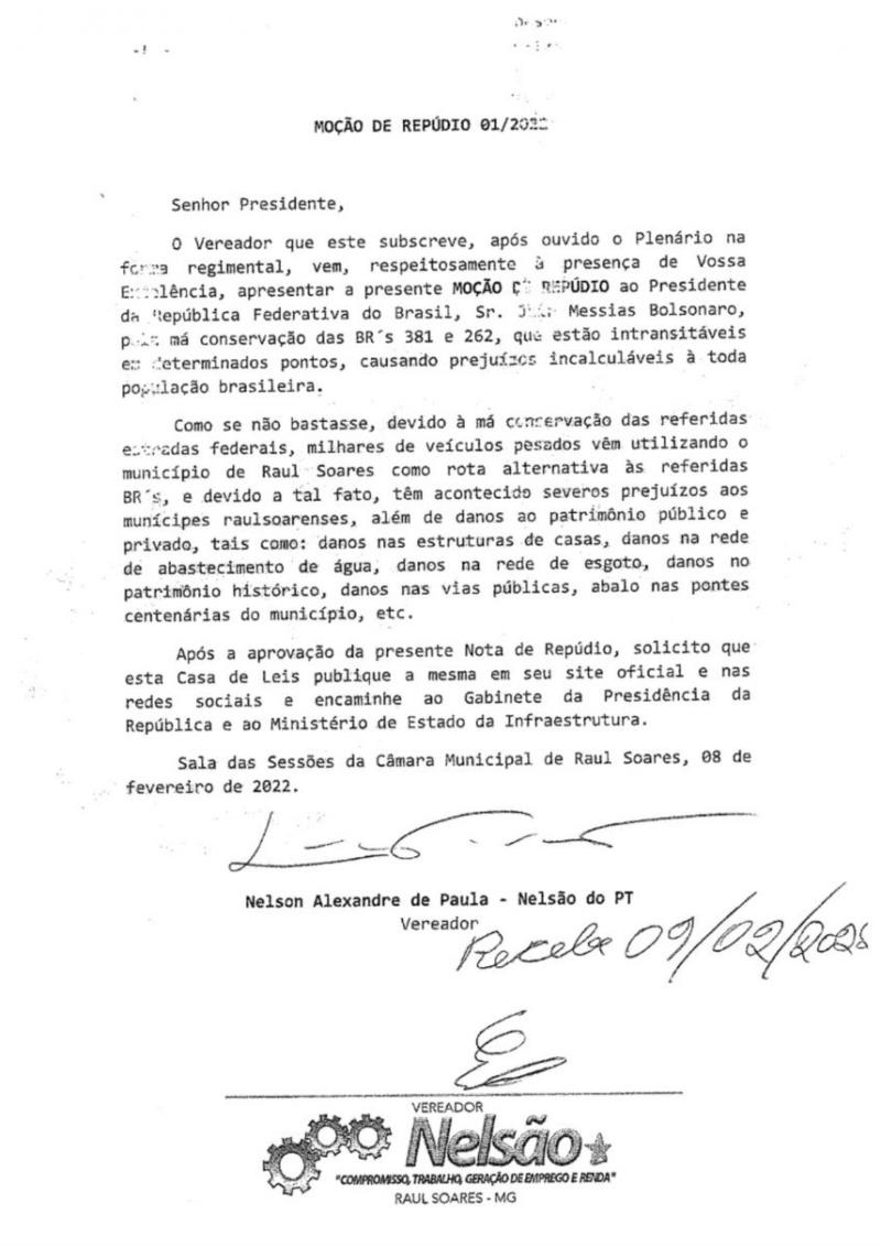 Moção de Repúdio - Vereador Nelsão do PT